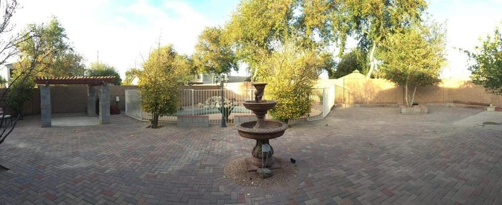 A tranquil backyard with a fountain, trees, and paved pathways.