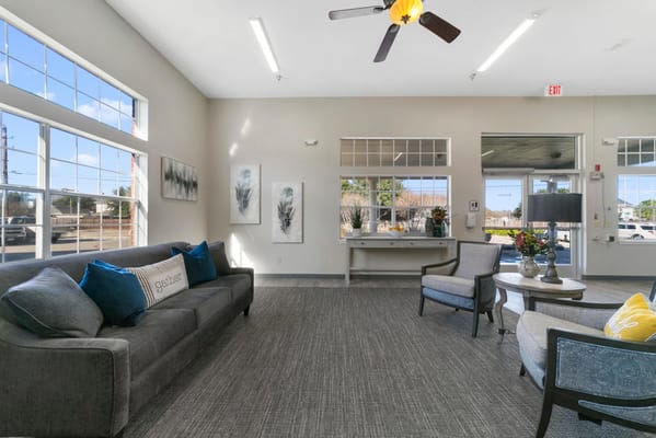 Interior view of a common area with seating and decor
