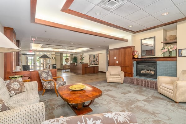 Cozy common area with seating and fireplace