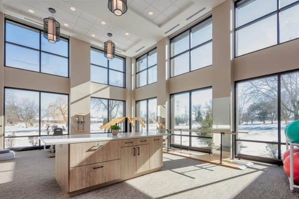 Bright and spacious activity room with large windows
