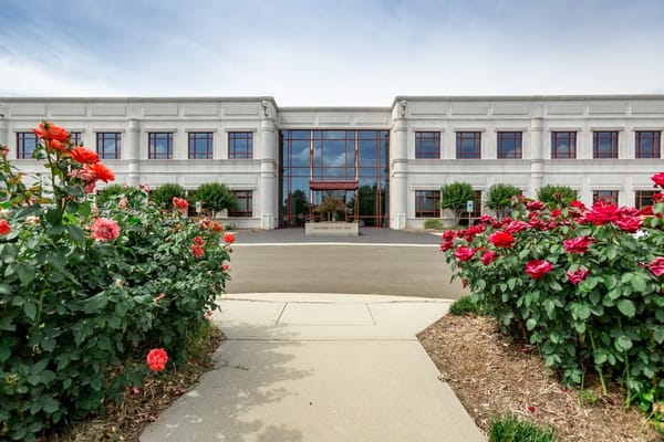 Building exterior with blooming roses in front