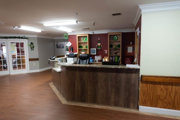 Reception area with festive decorations for St. Patrick's Day