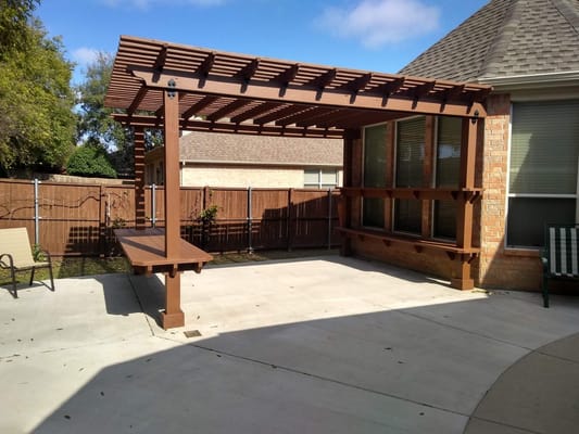 Outdoor patio area with pergola and seating
