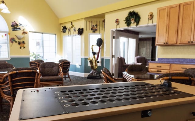 Interior common area with bingo setup and decorations