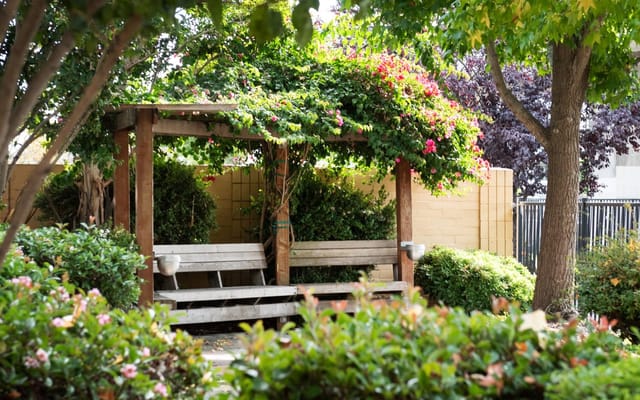 Seating area in a landscaped garden