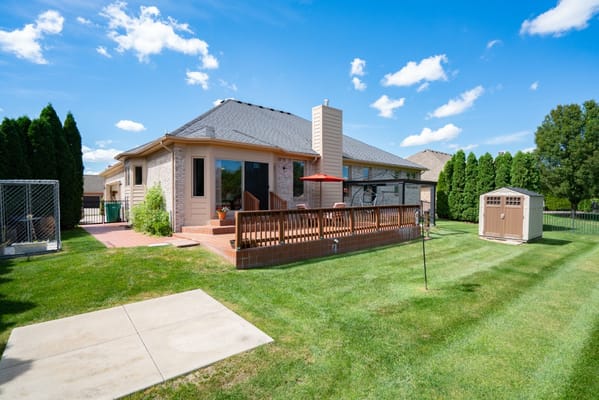 Backyard patio area with greenery and a storage shed