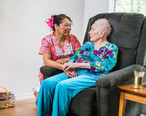 A caregiver and an elderly resident sharing a moment in a cozy living room.