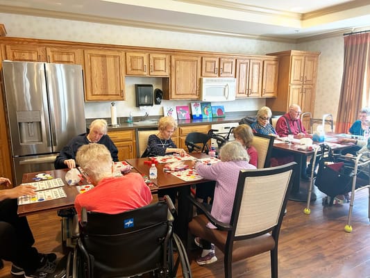 Seniors playing bingo in a cozy kitchen area.