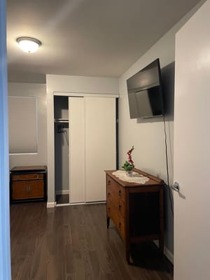 Well-furnished bedroom with a TV, dresser, and closet space