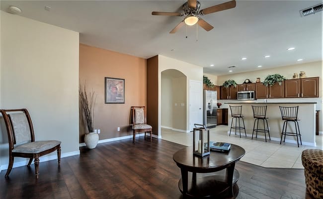 Cozy living room with an open kitchen area