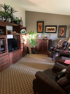 Living room with plants, a TV, and comfortable seating