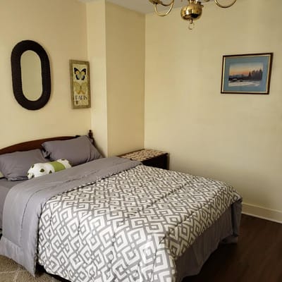 A well-lit bedroom featuring a patterned comforter and decorative wall art.