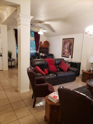 Comfortable living room with leather couch and decorative pillows