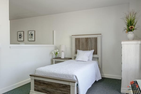A spacious bedroom with a single bed and decorative accents.
