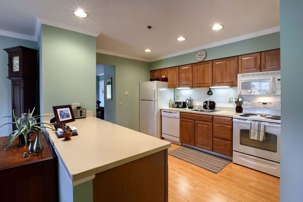 Spacious kitchen with wooden cabinets and modern appliances