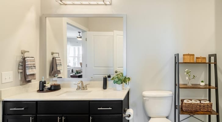 Modern bathroom interior with vanity and mirror