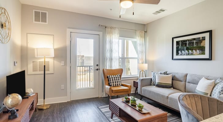 Bright and cozy lounge area in a senior living facility