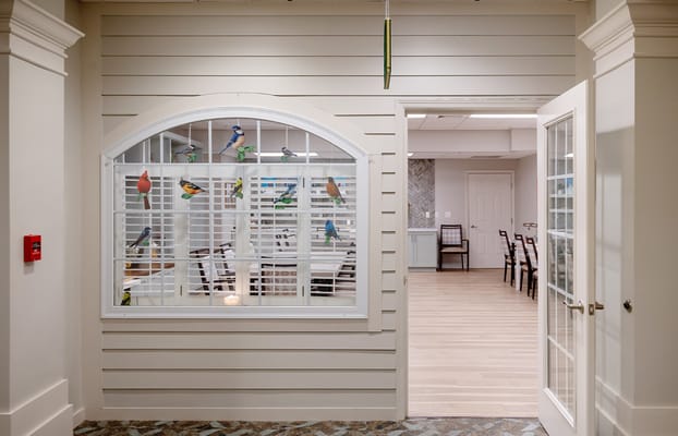 Colorful bird decorations in a dining area window