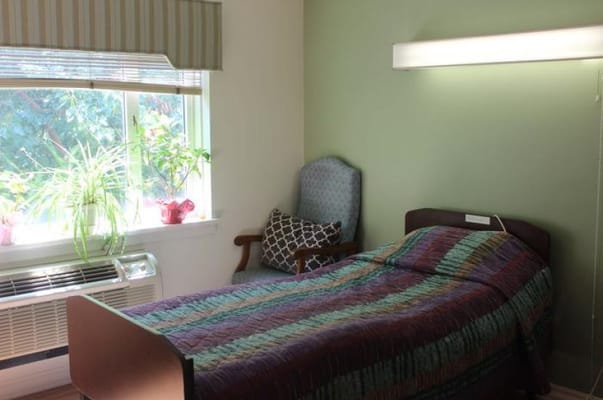 A bedroom with a bed, armchair, and plants by the window.
