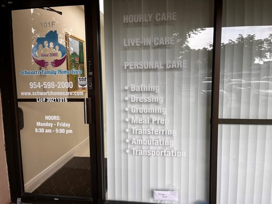 Entrance door with service information and contact details