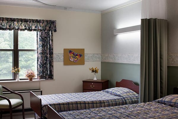 Twin beds in a sunny room with floral curtains and butterfly art.