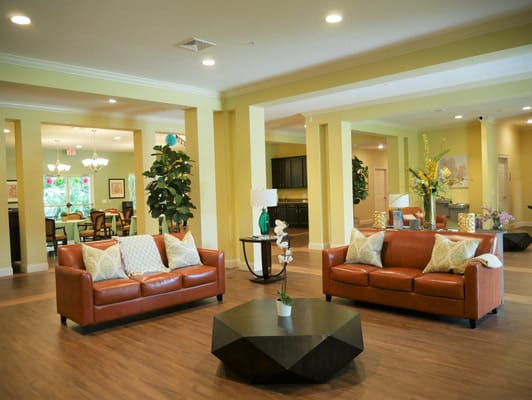 Comfortable living room with leather sofas and decorative plants.