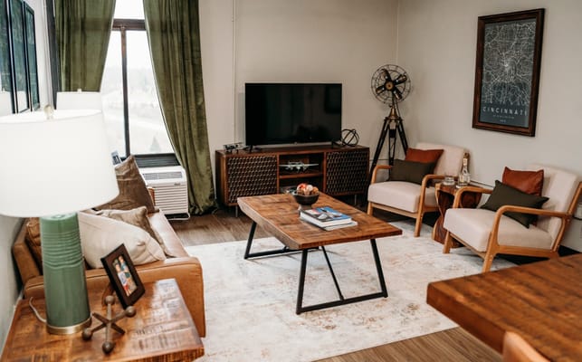 Cozy living room with modern furnishings and large window