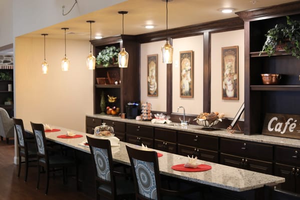 Interior view of the cozy kitchen area with seating