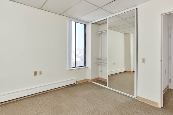 Spacious bedroom with natural light and mirrored closet.