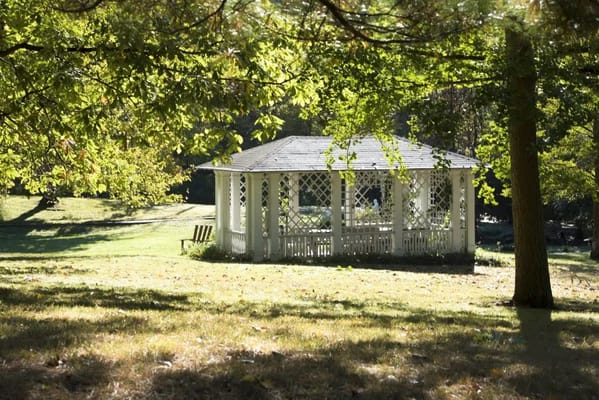 A white gazebo surrounded by greenery