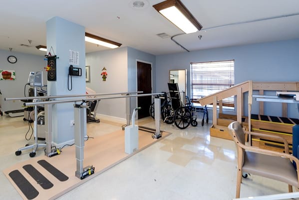 Physical therapy equipment in a rehabilitation room