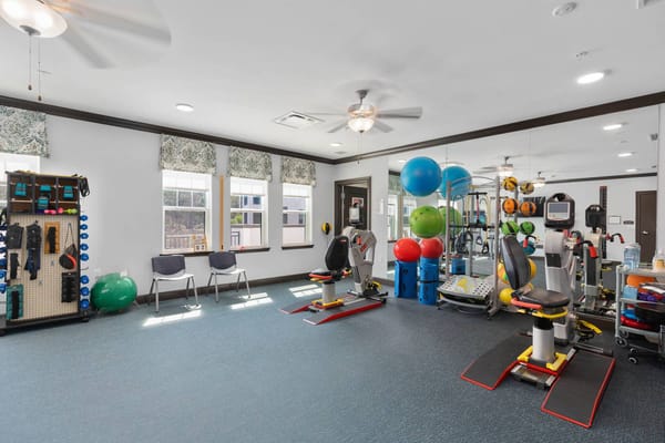 A bright exercise room with fitness equipment and colorful exercise balls.