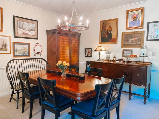 Dining room with wooden table and vintage decor