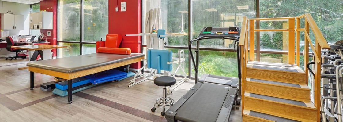 Inside view of physical therapy room with equipment