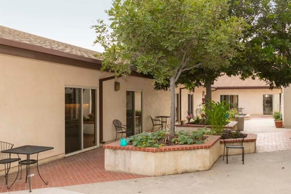 Outdoor patio space with seating and greenery