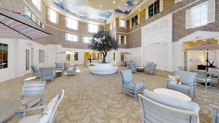 Spacious lounge area with seating and a central tree feature