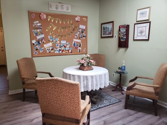 Cozy common area with seating and decorations