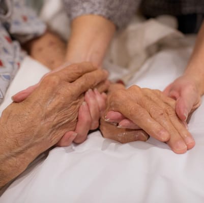 Two pairs of hands holding each other in a caring gesture