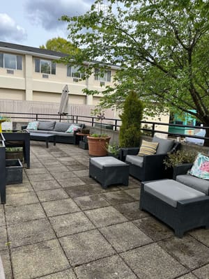 Outdoor seating area in a senior living facility
