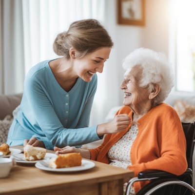 Staff member assisting a smiling resident at a dining table