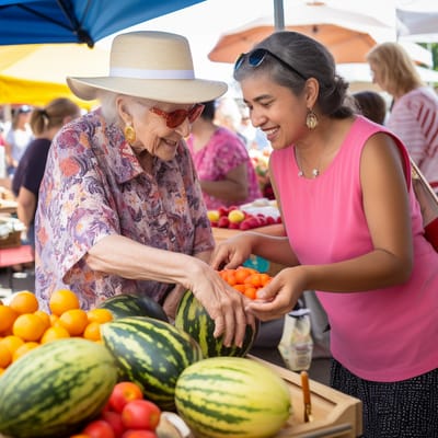 Older woman and caregiver enjoying produce at a market