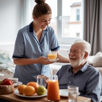 Caregiver serving juice to a smiling resident