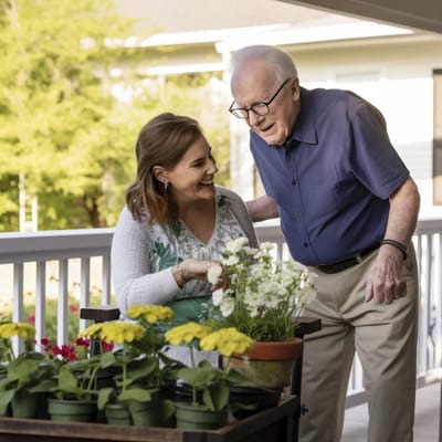 A resident and staff member tending to flowers on a porch