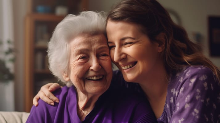 An elderly woman and caregiver smiling together