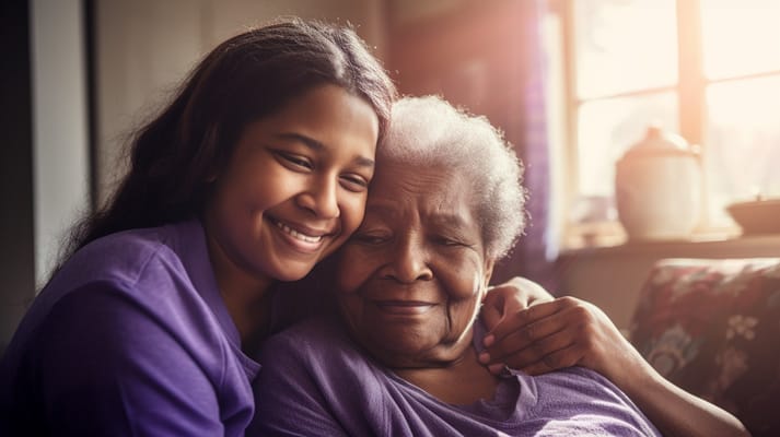 A young woman embraces an elderly woman in a cozy indoor setting.