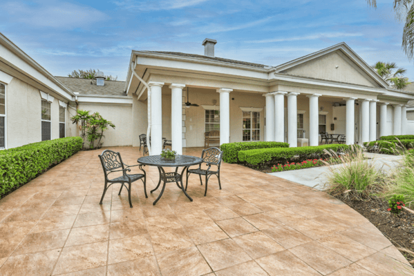 Outdoor seating area with patio and garden landscaping