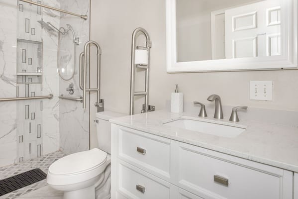 A bright, modern bathroom in a senior living facility