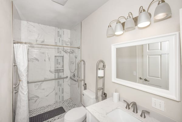 Brightly lit bathroom with modern fixtures