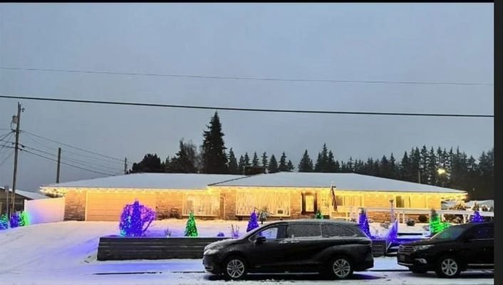 Exterior view of the facility decorated for winter