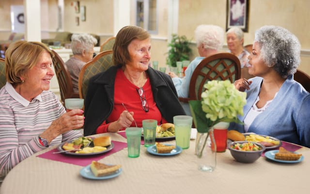 Residents enjoying a meal in a dining room